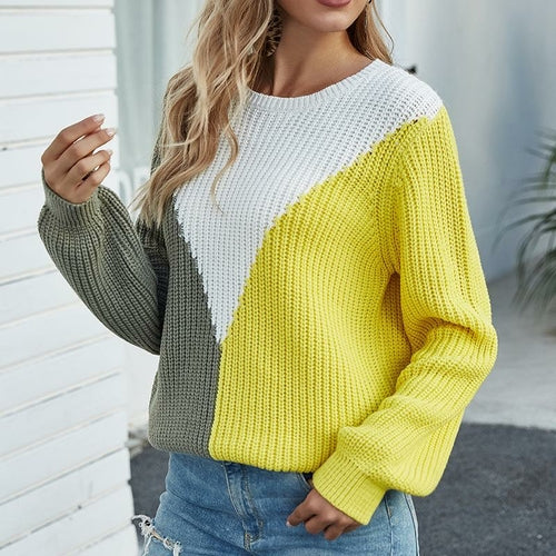 Long Sleeve Knitted Patchwork Hit Color Sweater Pullover