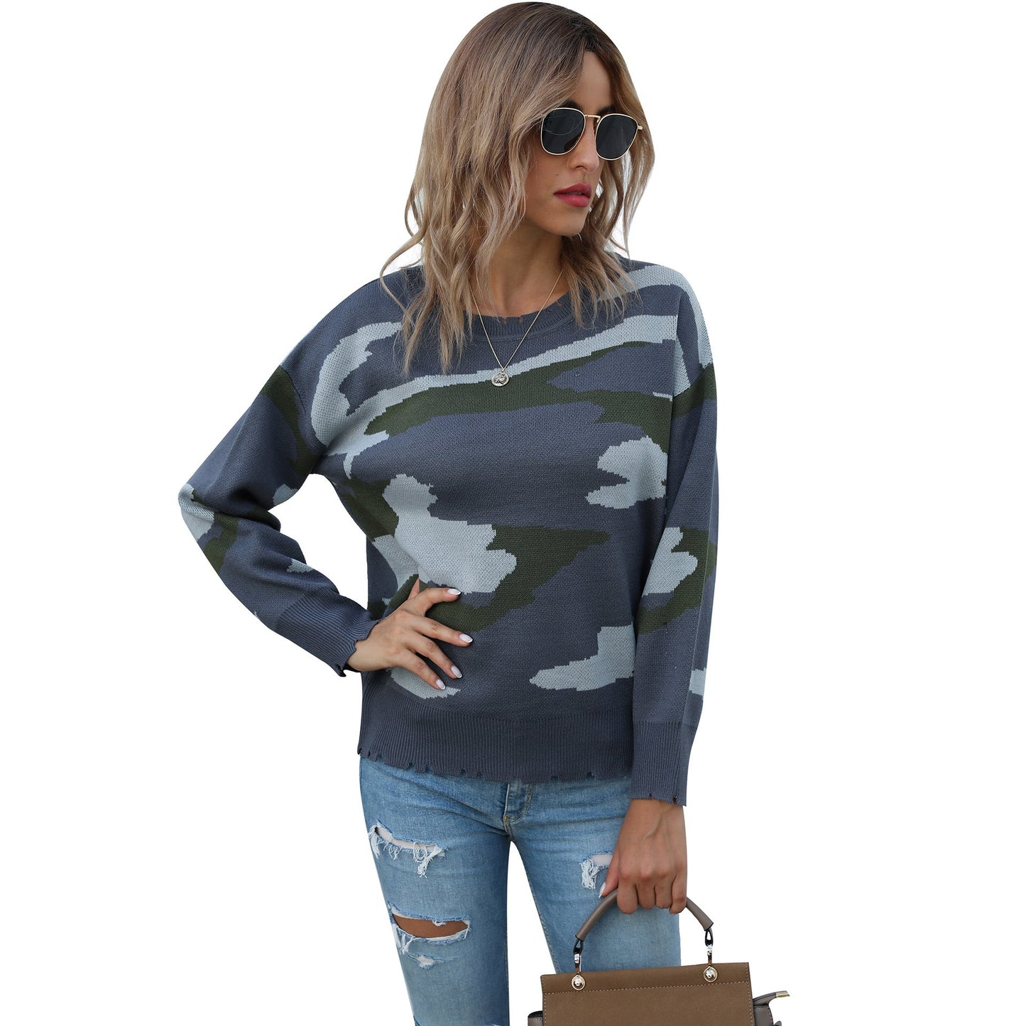 Camflouage Printed Long Sleeve Knitted Pullover Sweater