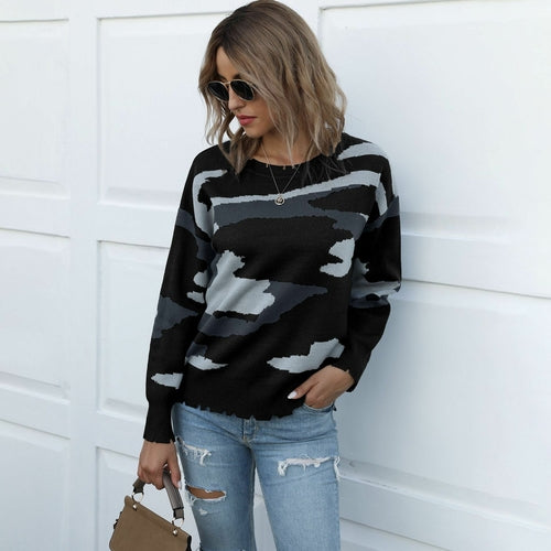 Camflouage Printed Long Sleeve Knitted Pullover Sweater