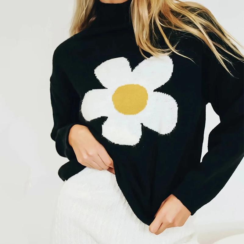 Floral Sweater Women Jacquard Black Jumper Pullovers