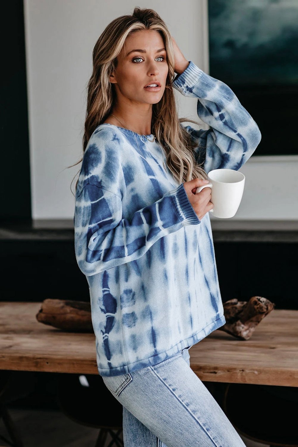 Blue White Tie-dye Print Knit Sweater