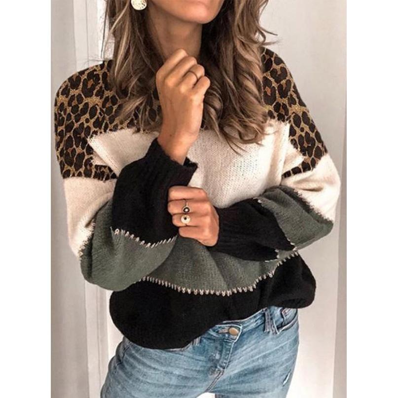 Patchwork Leopard Printed Long Sleeve Pullover Sweater