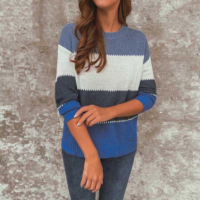 Patchwork Long Sleeve Pullovers Female O-neck Knit Top