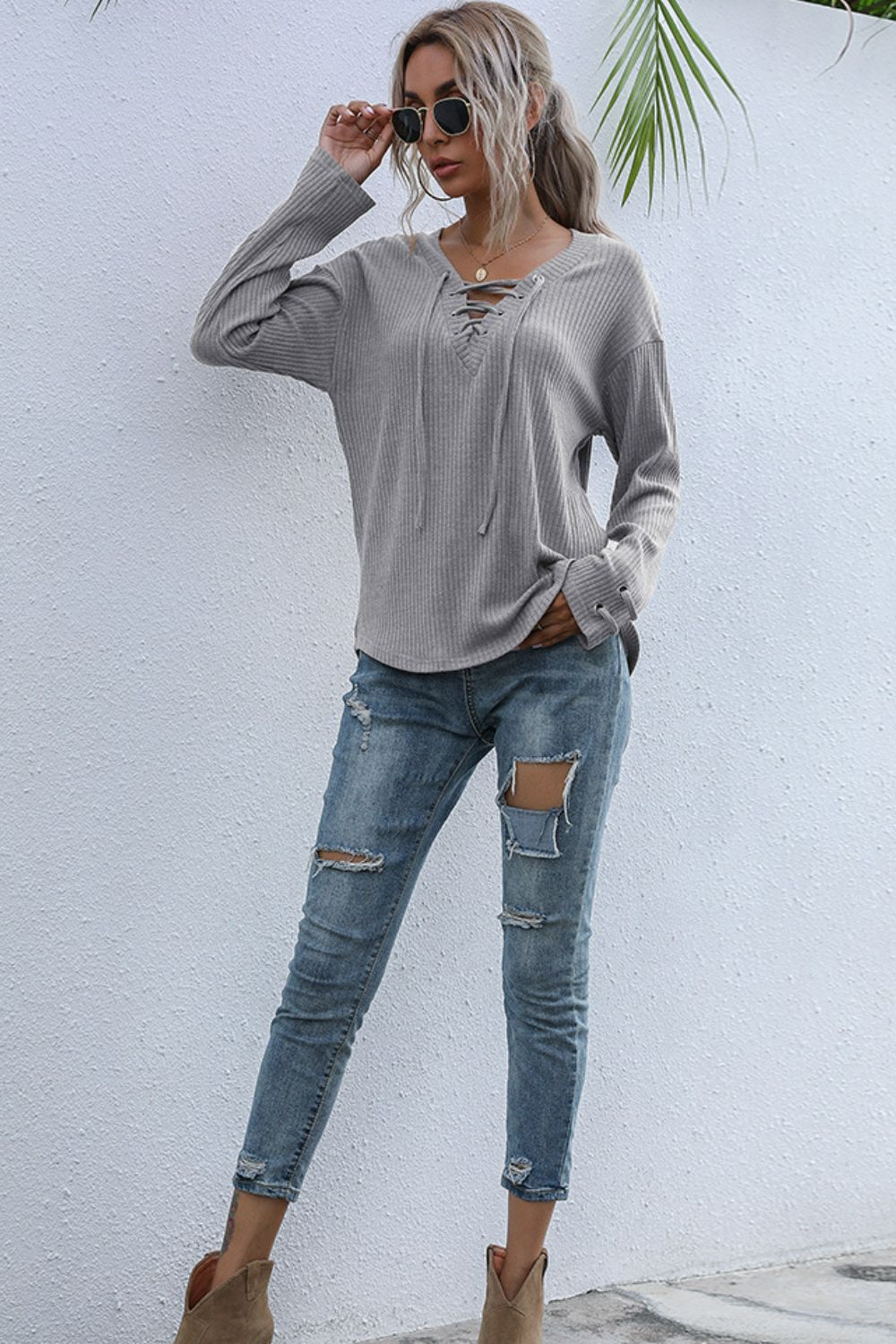 Lace-Up V-Neck Ribbed Top (more color options)