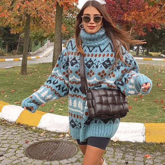 Turtleneck Thick Winter Long Sweater  Christmas Tree Print Blue