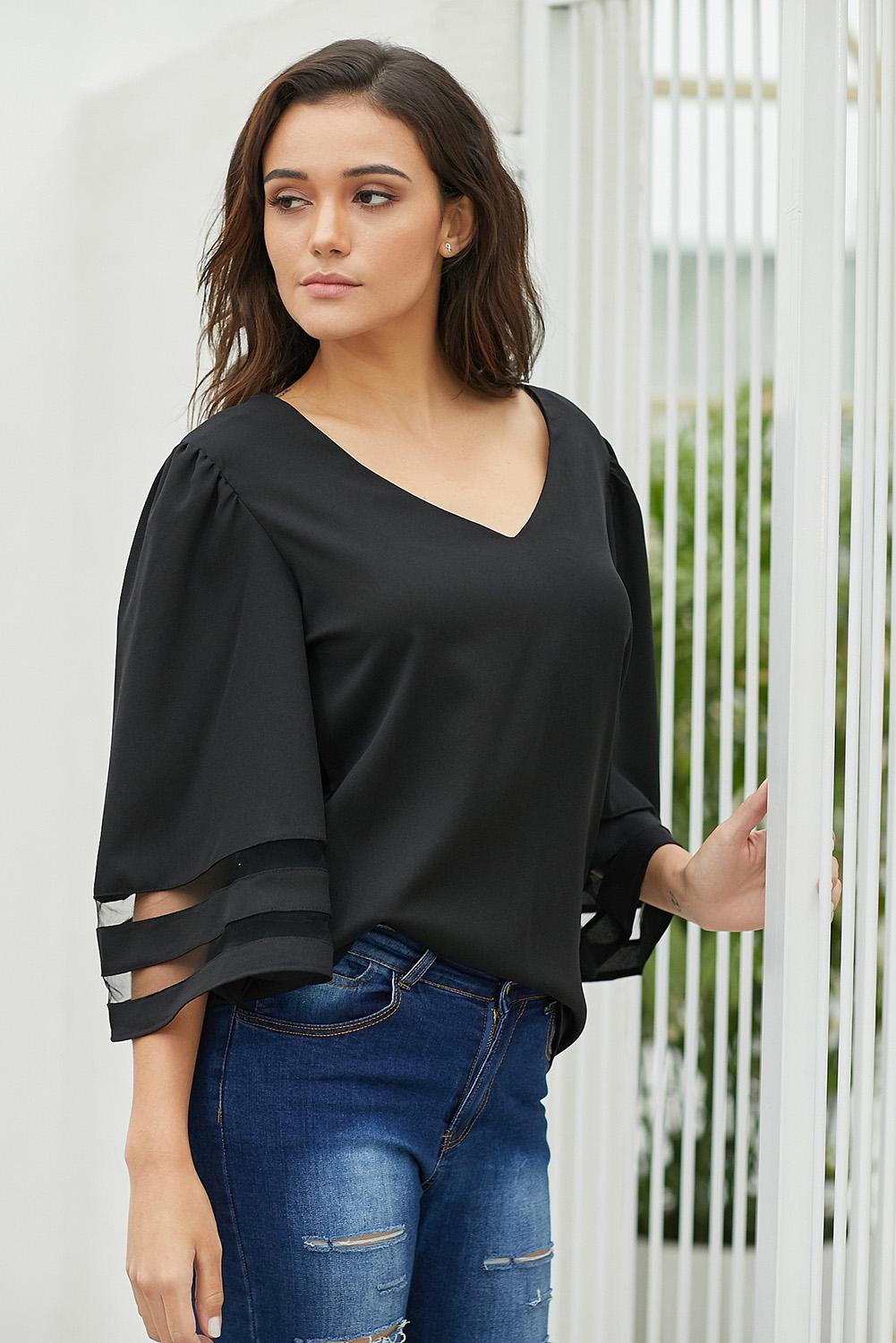 Black Flare Sleeve V Neck Loose Women's Chiffon Blouse