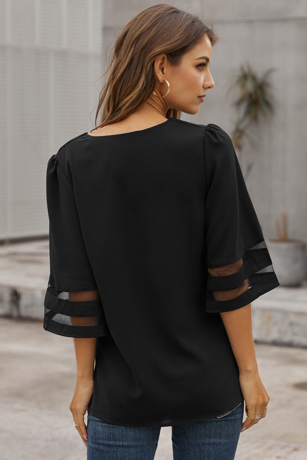 Black Flare Sleeve V Neck Loose Women's Chiffon Blouse