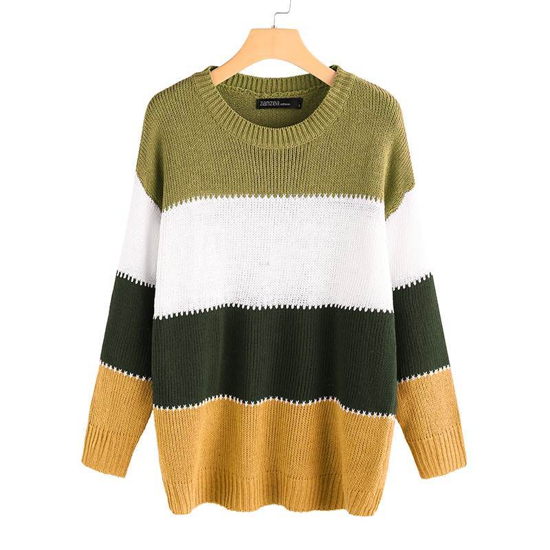 Patchwork Long Sleeve Pullovers Female O-neck Knit Top