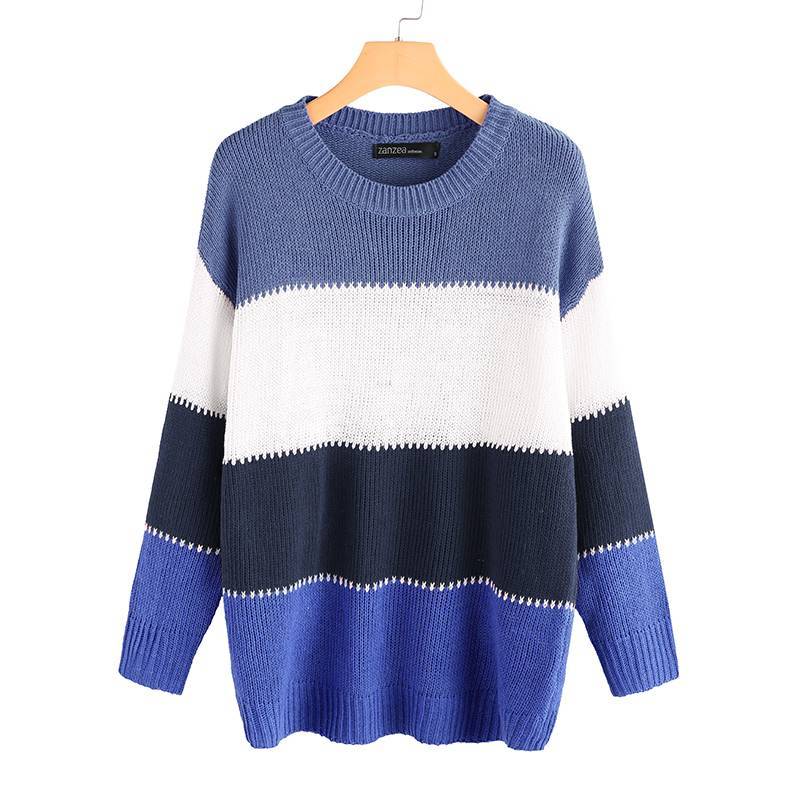 Patchwork Long Sleeve Pullovers Female O-neck Knit Top