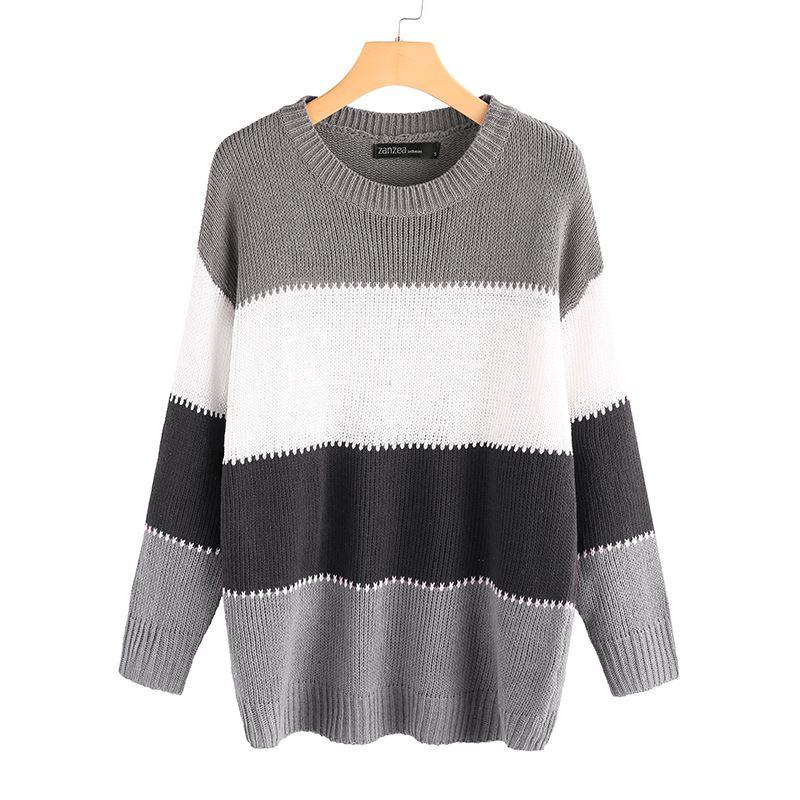 Patchwork Long Sleeve Pullovers Female O-neck Knit Top