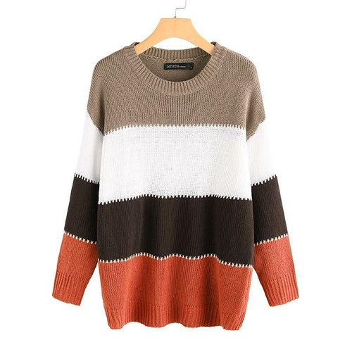 Patchwork Long Sleeve Pullovers Female O-neck Knit Top