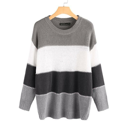 Patchwork Long Sleeve Pullovers Female O-neck Knit Top