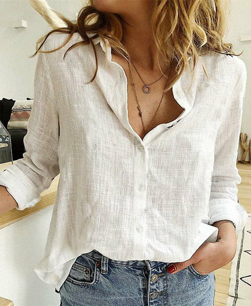 Casual Cotton Linen White Yellow Shirt Top