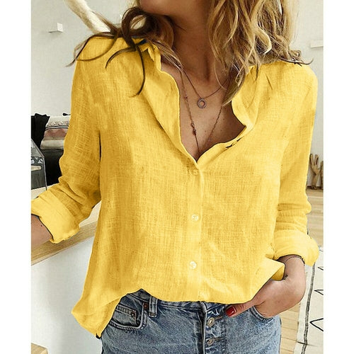 Casual Cotton Linen White Yellow Shirt Top