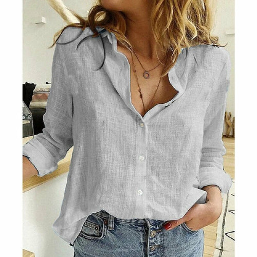 Casual Cotton Linen White Yellow Shirt Top