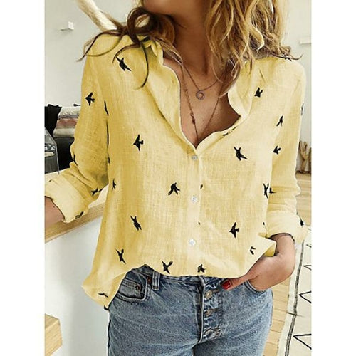 Casual Cotton Linen White Yellow Shirt Top