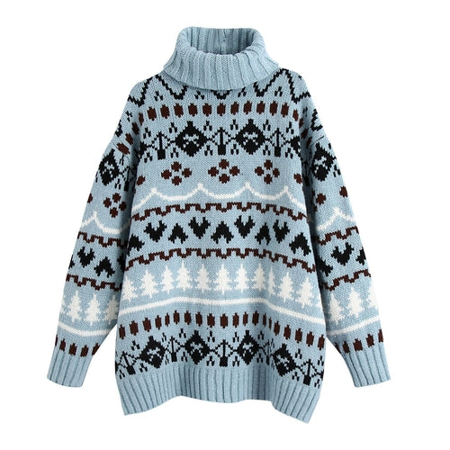 Turtleneck Thick Winter Long Sweater  Christmas Tree Print Blue