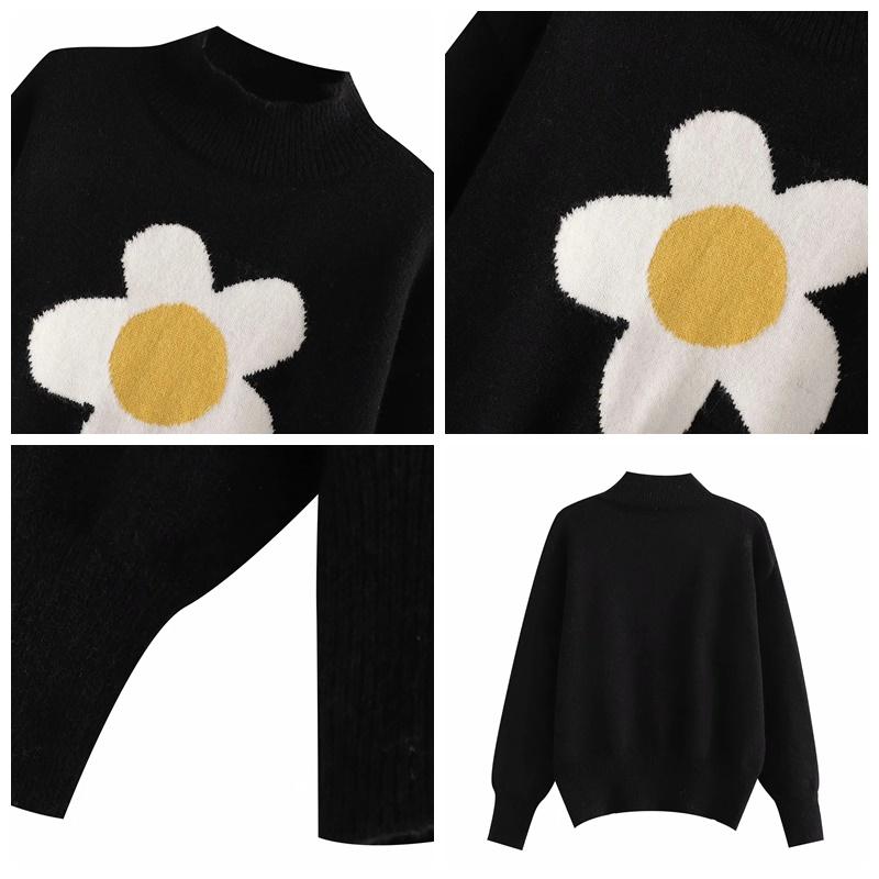 Floral Sweater Women Jacquard Black Jumper Pullovers