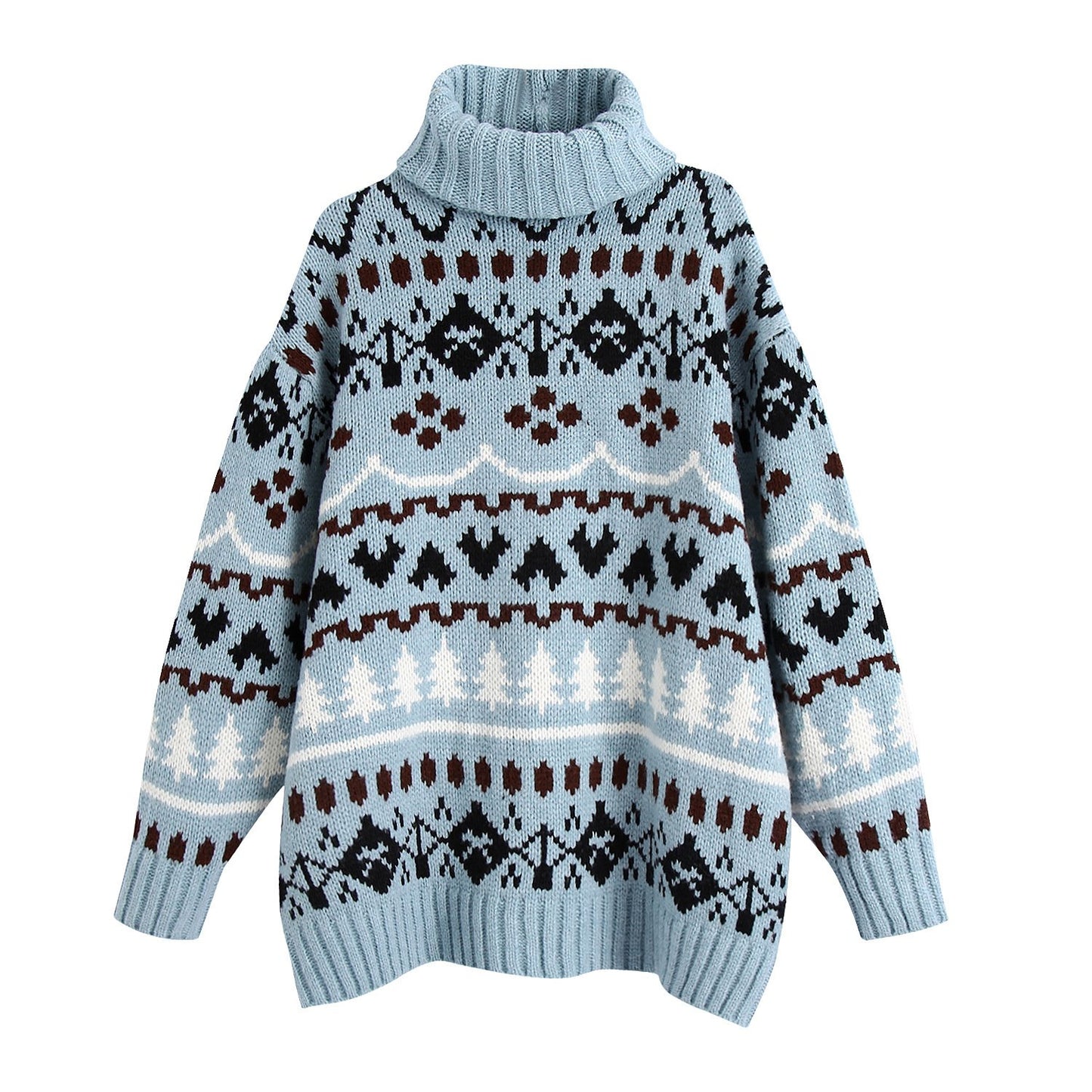 Turtleneck Thick Winter Long Sweater  Christmas Tree Print Blue