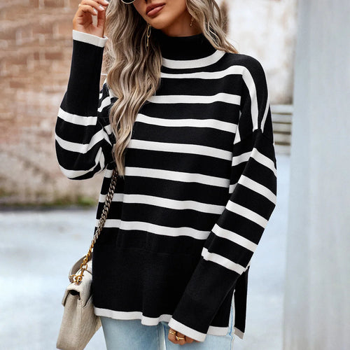 MSFILIA Fashion Striped High Neck Knitted Sweater Women's Autumn