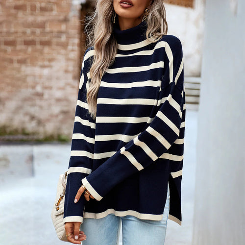 MSFILIA Fashion Striped High Neck Knitted Sweater Women's Autumn