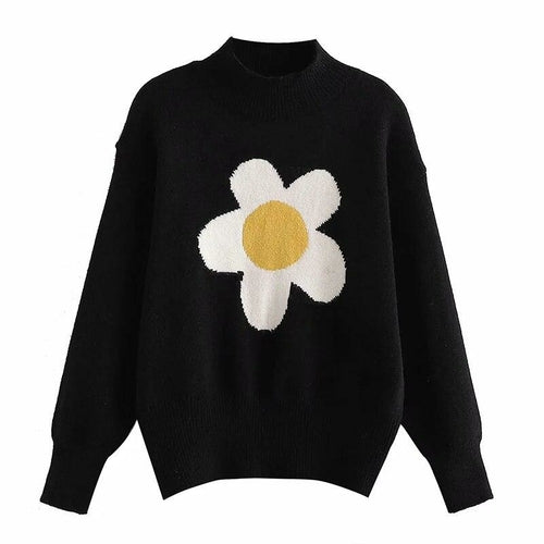 Floral Sweater Women Jacquard Black Jumper Pullovers