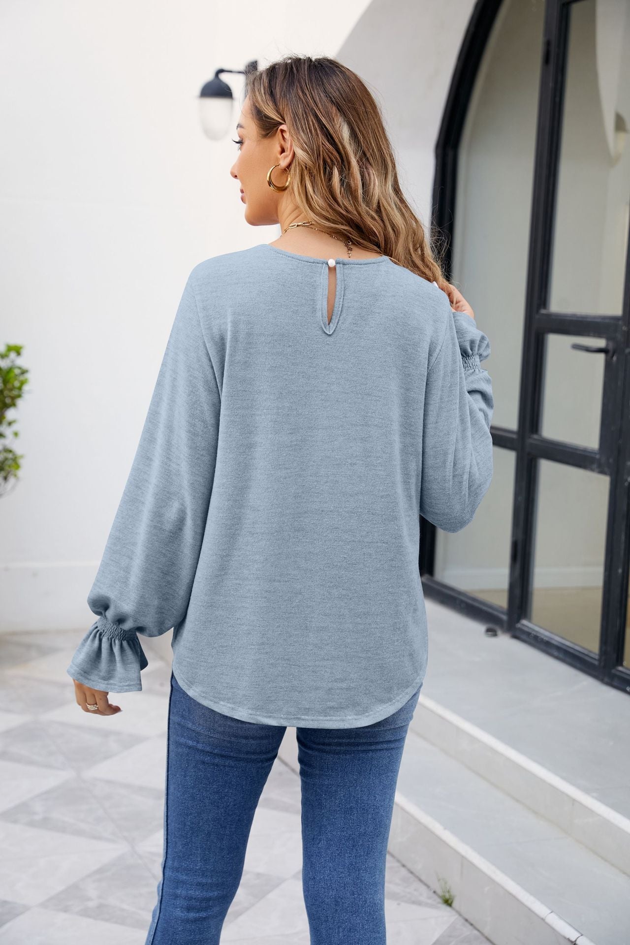 Solid Color Loose-Fit Long Sleeve T-Shirt with Round Neck