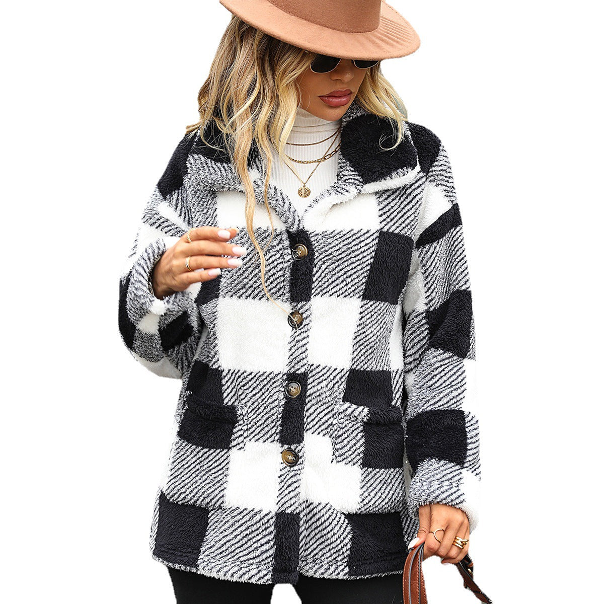 Long Sleeve Mid-Length Plaid Single-Breasted Double-Sided Fleece