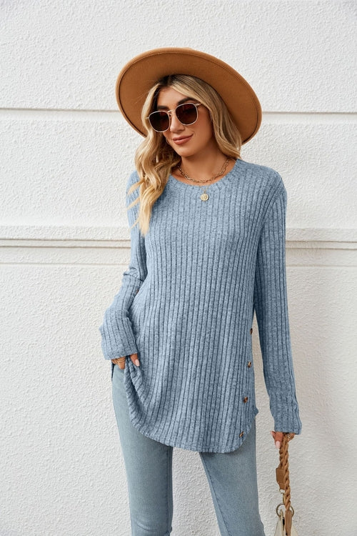 Loose-Fit Long Sleeve Button T-Shirt for Women with Round Neck