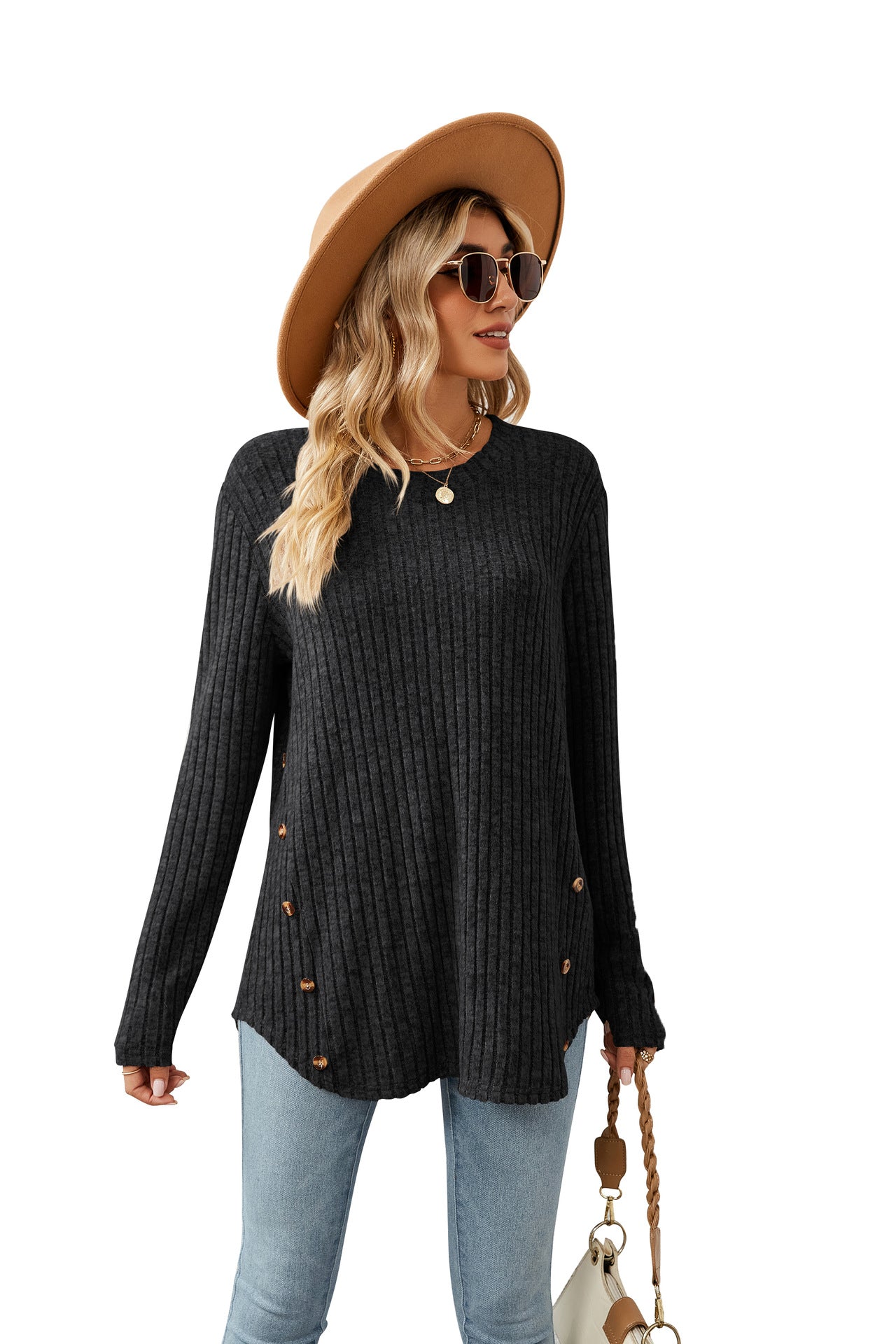 Loose-Fit Long Sleeve Button T-Shirt for Women with Round Neck