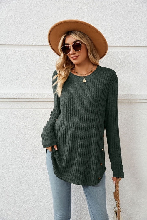 Loose-Fit Long Sleeve Button T-Shirt for Women with Round Neck