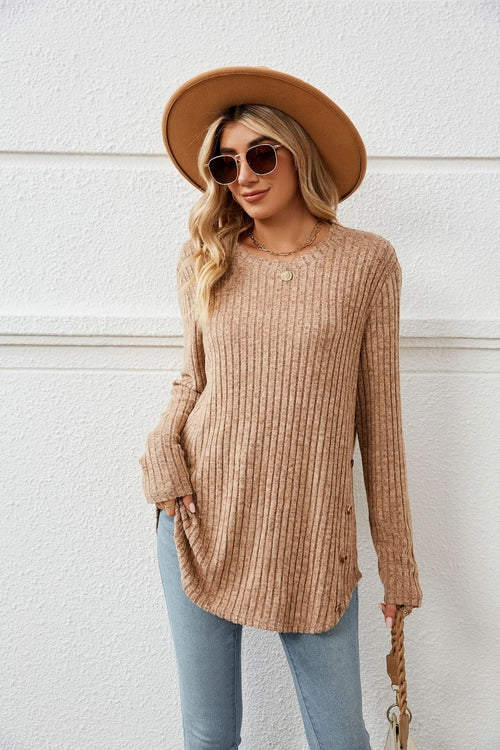 Loose-Fit Long Sleeve Button T-Shirt for Women with Round Neck