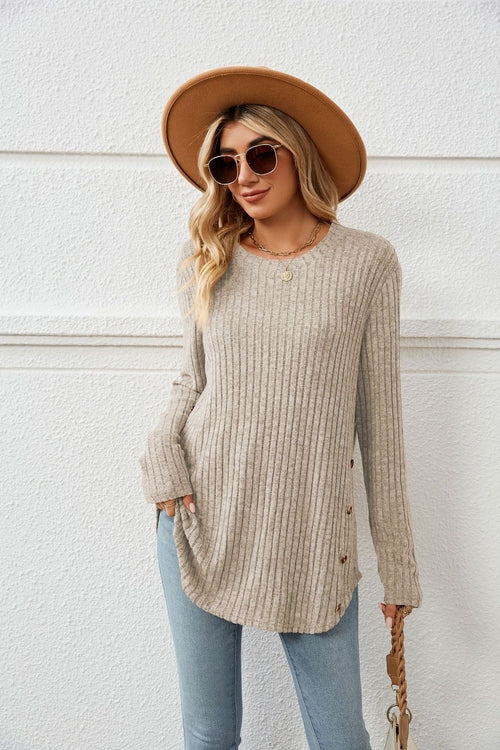 Loose-Fit Long Sleeve Button T-Shirt for Women with Round Neck