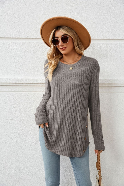 Loose-Fit Long Sleeve Button T-Shirt for Women with Round Neck