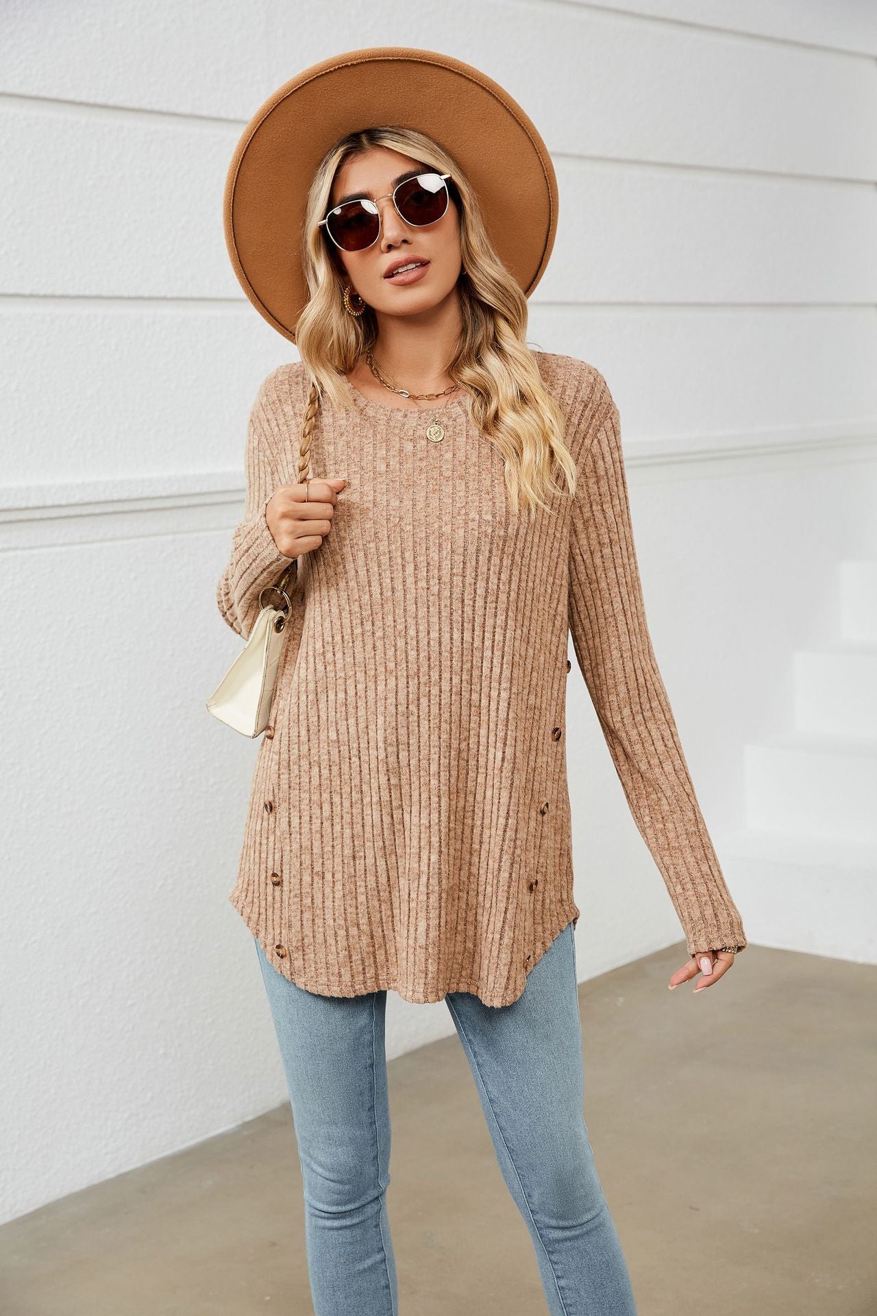 Loose-Fit Long Sleeve Button T-Shirt for Women with Round Neck