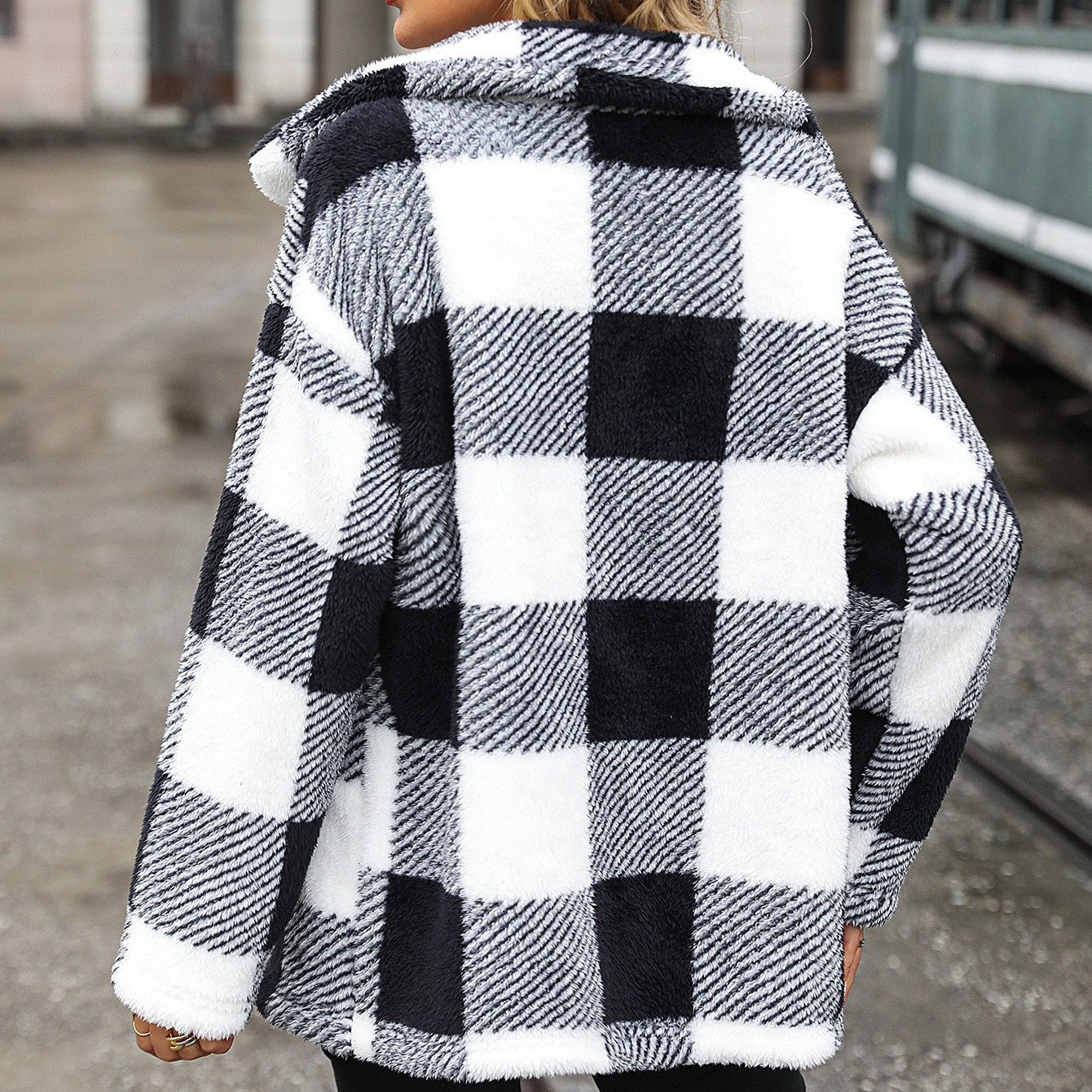 Long Sleeve Mid-Length Plaid Single-Breasted Double-Sided Fleece