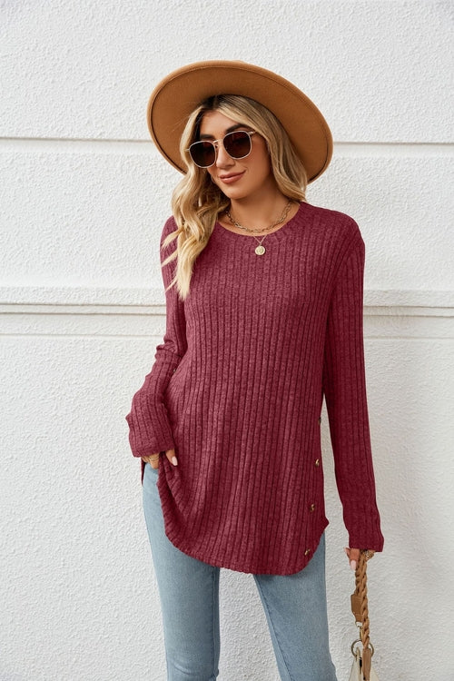 Loose-Fit Long Sleeve Button T-Shirt for Women with Round Neck