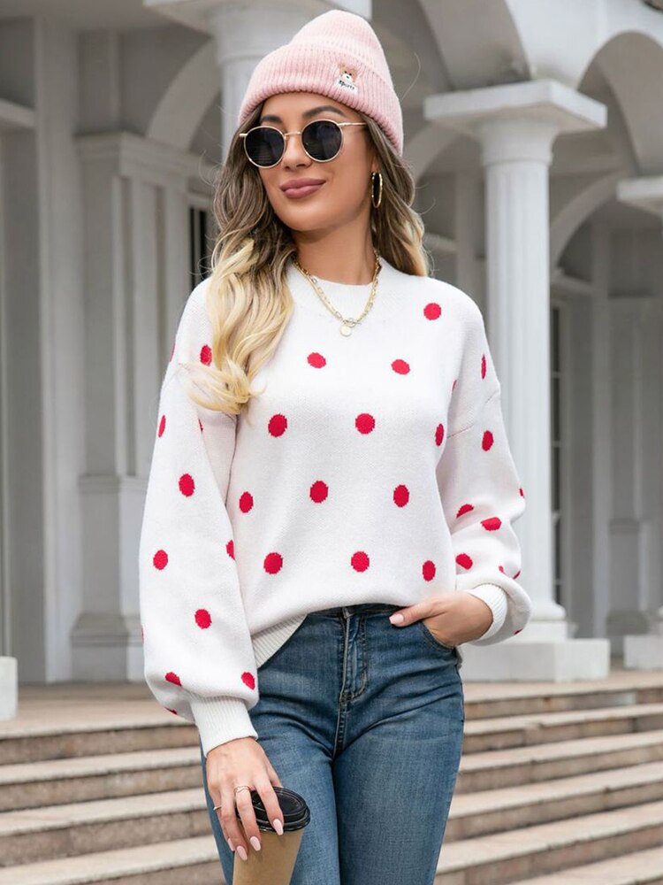 Polka Dots O Neck Casual Sweater