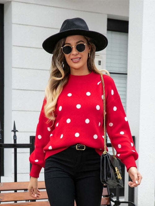 Polka Dots O Neck Casual Sweater