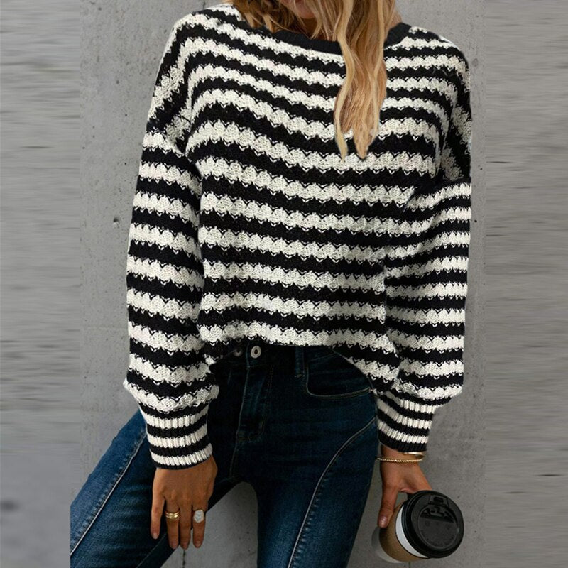 Casual Striped Knitted Sweater Loose Pullover Tops