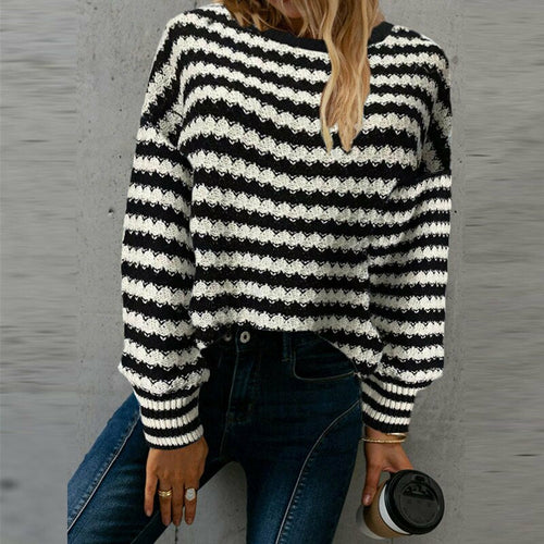 Casual Striped Knitted Sweater Loose Pullover Tops