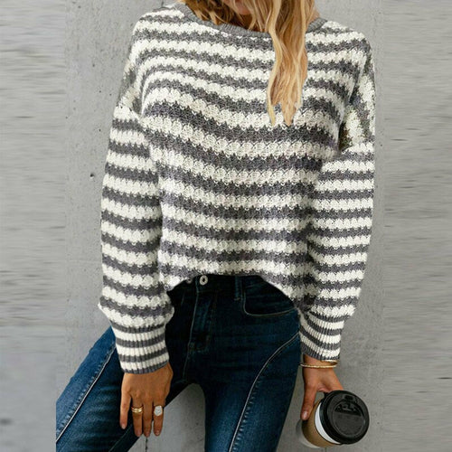 Casual Striped Knitted Sweater Loose Pullover Tops