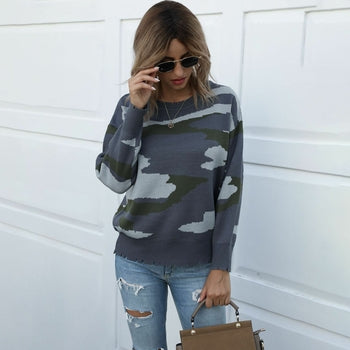 Camflouage Printed Long Sleeve Knitted Pullover Sweater